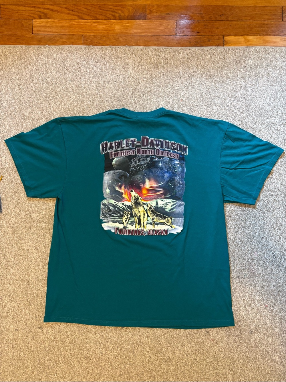 Harley-Davidson Teal Short Sleeve Graphic Tee with Wolf and Aurora